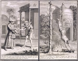Un brahmane qui porte un collier de fer pour collecter des fonds pour un hôpital et un brahmane suspendu au-dessus d